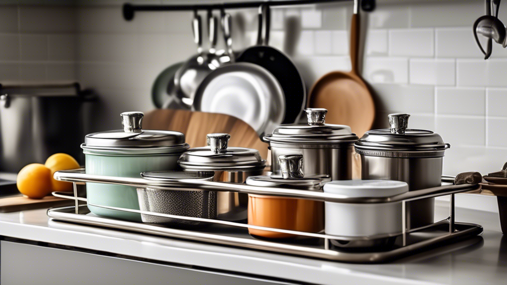 Create an image of a kitchen counter with various pot lids of different sizes neatly organized in a stainless steel holder, showcasing an efficient and stylish solution for keeping your kitchen clutter-free.