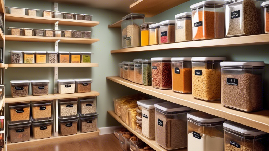 Create an image of a well-organized pantry with a variety of airtight containers displaying a colorful array of foods such as pasta, grains, nuts, and spices. The containers should be clearly labeled and neatly arranged on shelves, showcasing the pra