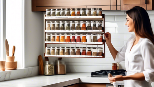 Create an image of a kitchen space with a pull-down spice rack being installed by a person following a step-by-step guide. Include labeled sections for each step such as measuring, drilling, attaching, and organizing spices to make it visually inform