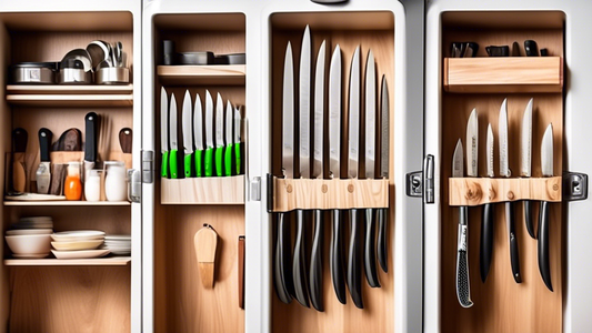 Create an image showing a variety of innovative knife storage solutions specifically designed for RV living. Include options like magnetic knife strips, compact knife blocks, hanging organizers, and other creative ideas to efficiently store knives in