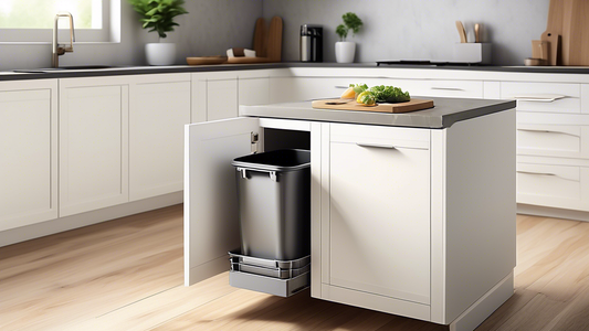 Create an image of a stylish and practical kitchen featuring a slide-out trash can cabinet. The cabinet should be seamlessly integrated into the kitchen design, showing how it helps declutter the space and streamline the daily kitchen routines. The i