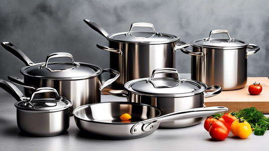 Create an image of a variety of high-quality stainless steel cookware sets, all priced under $100. Include pots, pans, and utensils, showcasing their sleek design and durability. Each set should be labeled with a price tag displaying an affordable pr