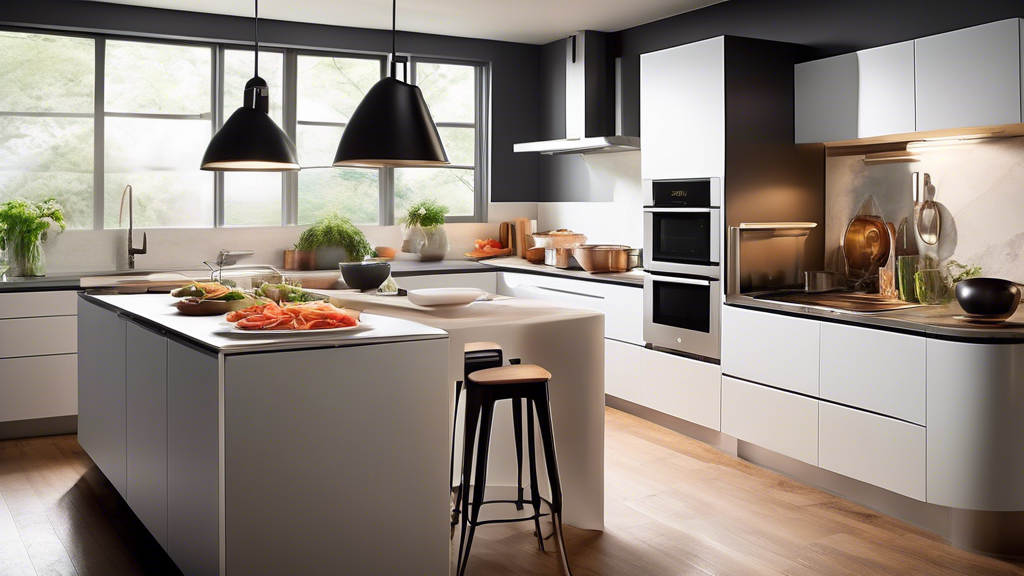 Create an image of a sleek, modern kitchen with a variety of efficient and innovative kitchen appliances designed to make cooking easier and faster for busy cooks. Show a countertop cluttered with high-tech gadgets like a smart oven, a multi-function