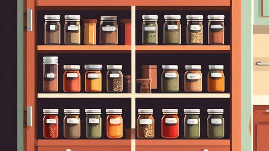Create an image of a well-organized spice cabinet with labeled jars, racks, and containers showcasing various storage tips for chefs to keep their spices easily accessible and in order.