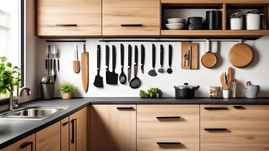 Create an image of a compact kitchen with limited counter space, featuring a magnetic knife strip holder mounted on the wall to showcase a clutter-free and organized kitchen setup. The image should highlight the efficiency and space-saving benefits o