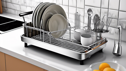 Create an image of a small, compact stainless steel dish drying rack designed specifically for optimizing space in a small kitchen. The image should showcase the rack's sleek and modern design and demonstrate its practicality and efficiency in a limi