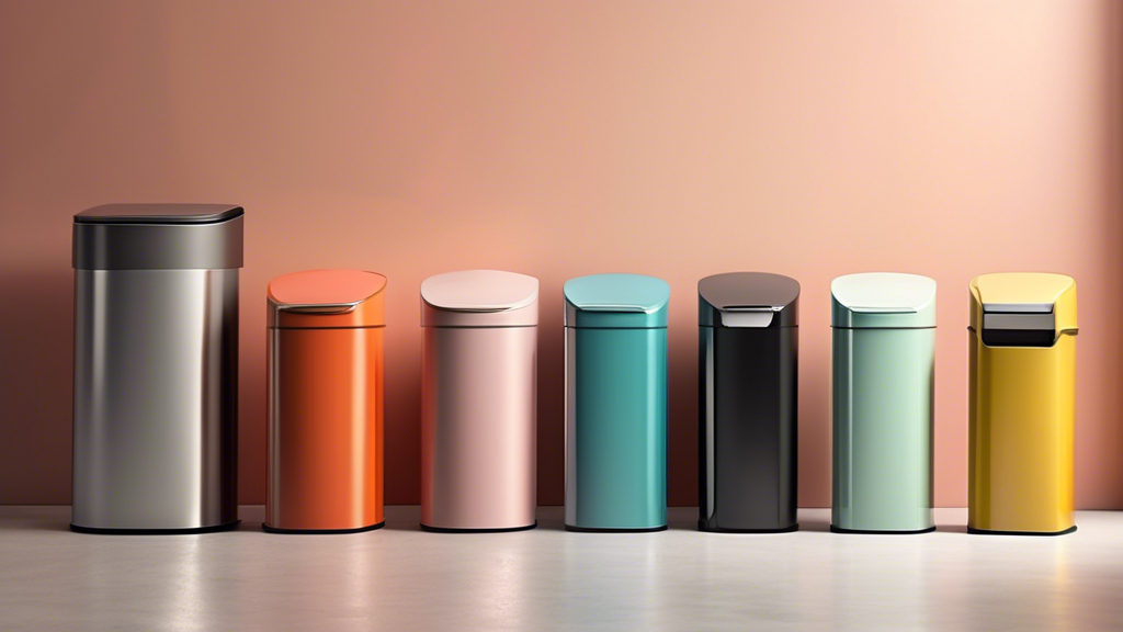 Create an image of a selection of the top 5 slim steel trash cans for small spaces, each with a unique design and varying sizes, showcasing their sleek and practical features. The image should highlight their compactness, modern aesthetic, and how th