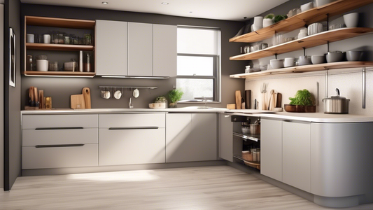 Create an image of a modern kitchen with sleek cabinets featuring adjustable shelving to maximize storage space and organization. Show the versatility of the adjustable shelves by having some set at different heights to accommodate various items like
