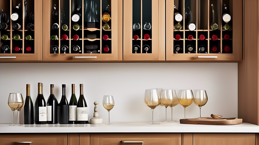Create an image of a sleek and modern under-cabinet stemware rack showcasing a collection of neatly organized wine glasses, seamlessly blending functionality and style in a kitchen setting.