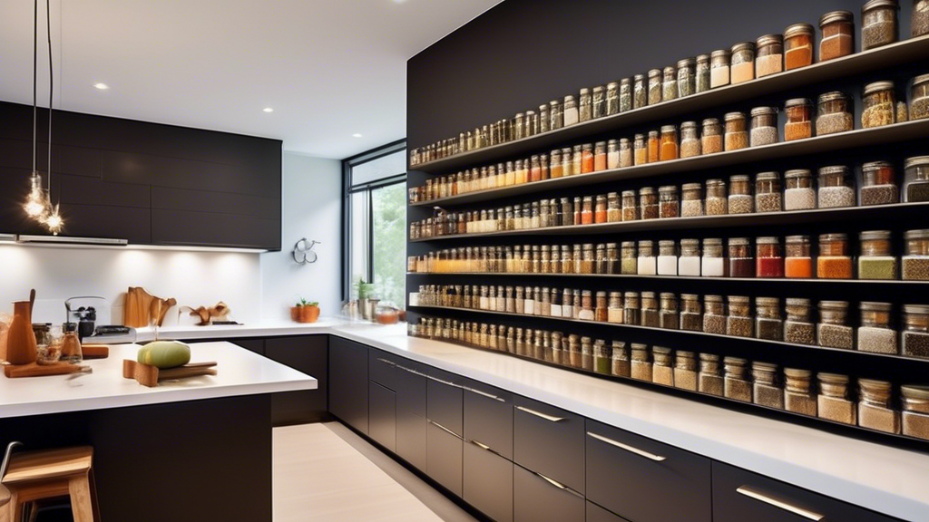 Create an image of a sleek, modern kitchen with a magnetic spice rack on the wall, showcasing an array of neatly organized spice jars. The jars should be labeled with various spices such as cumin, paprika, and turmeric. The kitchen should be well-lit