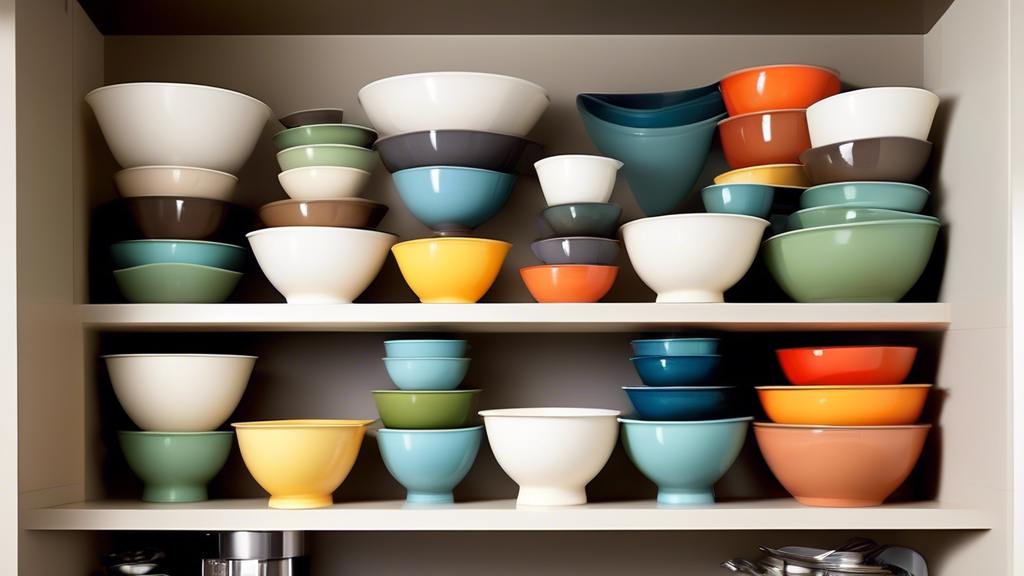 Create an image of a kitchen shelf filled with convenient nested mixing bowl sets of varying sizes, showcasing how they save space and streamline organization in the kitchen. Each set should be color-coordinated and labelled for easy identification. 