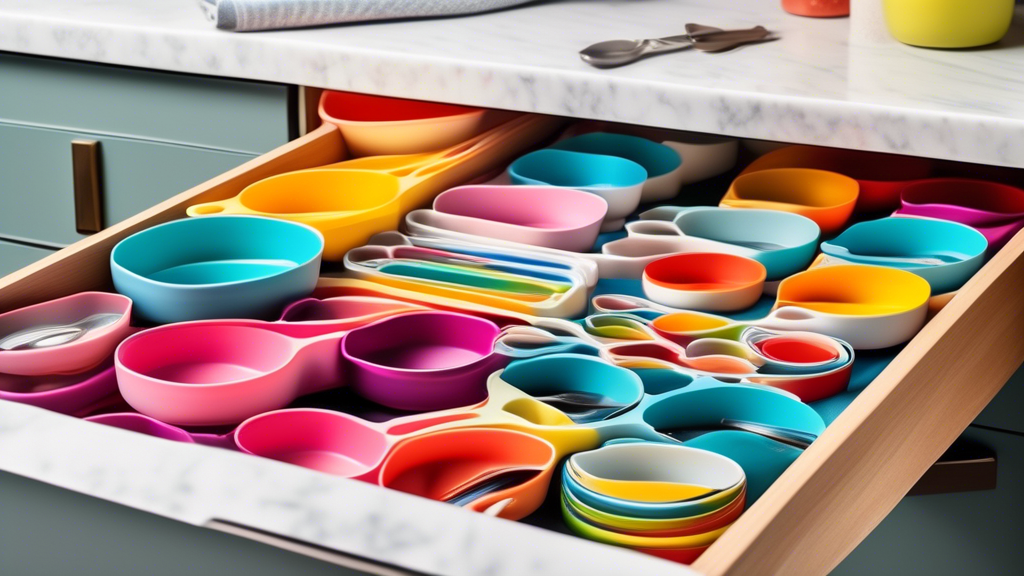 Create an image of a colorful and organized kitchen drawer filled with an assortment of vibrant collapsible measuring cups in various sizes and patterns. The measuring cups should be neatly stacked and arranged in a visually appealing way, showcasing