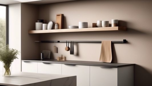 Create an image of a modern kitchen with a sleek, wall-mounted paper towel holder featuring an integrated shelf. The design should be elegant and minimalist, blending seamlessly with the rest of the kitchen decor. The paper towel holder should be stu