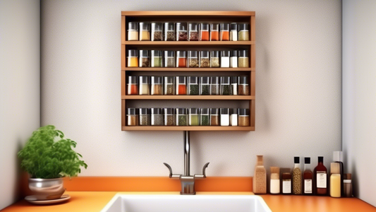 Create an image of a small kitchen with limited counter space, featuring 10 different compact spice racks neatly organized and mounted on the wall. Each spice rack has a unique design and can hold a variety of spices, making the most of the available