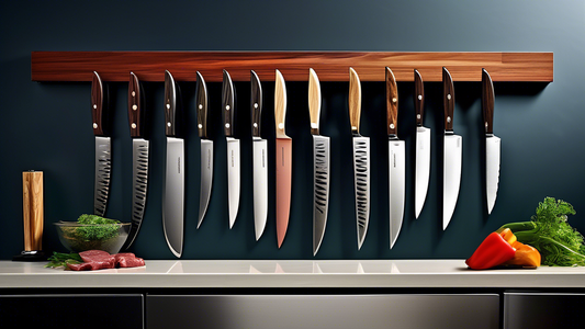 Create an image of a stylish magnetic knife strip displaying an array of elegant steak knives, neatly organized and easily accessible for use in the kitchen. Each knife should be distinct and visually appealing, showcasing a variety of handle designs