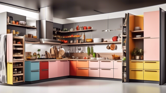 Create an image of a modern modular kitchen showcasing innovative storage solutions for home chefs, such as pull-out shelves, corner cabinets, hanging racks, and pantry organizers. Highlight 10 different ways to maximize storage efficiency in a styli