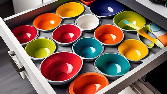 Create an image of a sleek and modern kitchen drawer filled with neatly organized collapsible measuring cups in various vibrant colors. Display the cups in a compact and space-saving design, showcasing their efficiency and stylish appearance.