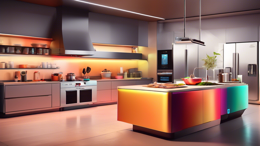 Create an image of a modern, sleek kitchen with innovative kitchen tools such as a smart oven, multifunctional induction cooktop, robotic sous chef, and a digital recipe assistant displayed prominently on a countertop. The kitchen should be well-lit 