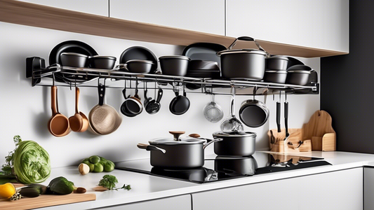 Create an image of a modern, organized kitchen with a sleek stackable pot and pan storage rack prominently displayed. The rack should be stylish and practical, showcasing how it maximizes storage space while keeping the kitchen clutter-free and easil