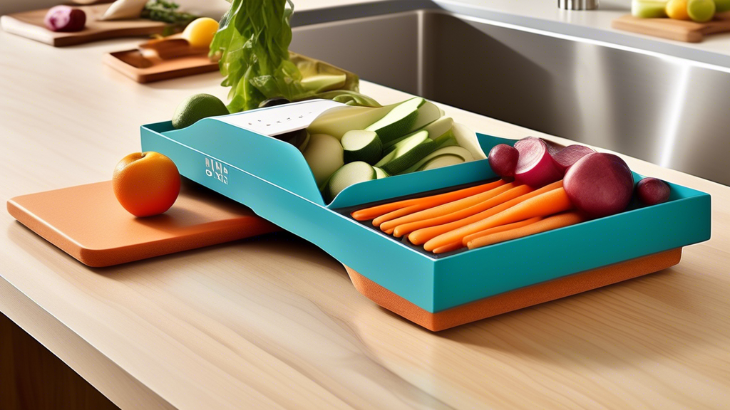 Create an image of a state-of-the-art cutting board that features integrated compartments for collecting food scraps, a built-in scale for precision measurements, and a removable tray for easy disposal. The cutting board should also showcase a sleek,