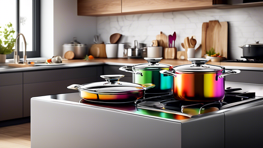 Create an image of a modern kitchen with a gleaming stainless steel cookware set showcased on a sleek countertop, highlighting the benefits of durability, ease of cleaning, and elegant aesthetics that stainless steel cookware offers.