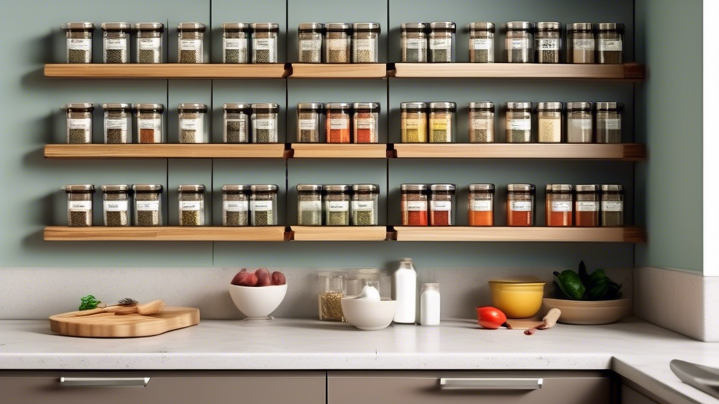 Create an image of a small kitchen with limited counter space, showcasing the use of stackable spice racks to organize and maximize storage space. The image should demonstrate how the spice racks are neatly stacked on top of each other, creating a sp