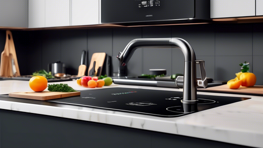 Create an image of a high-tech kitchen with state-of-the-art, versatile tools that optimize functionality and efficiency. Show a sleek countertop with smart appliances and innovative gadgets that can multitask and adapt to various cooking needs, repr