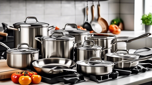 Create an image of a set of high-quality stainless steel cookware, neatly arranged on a kitchen counter or stovetop. The cookware should include a variety of pots, pans, and utensils, showcasing their elegant design and durability. The image should c