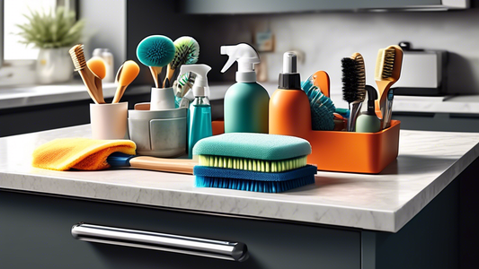 A clutter-free kitchen countertop with essential cleaning tools neatly organized in a sleek caddy, showcasing a selection of scrub brushes, sponges, microfiber cloths, and spray bottles.