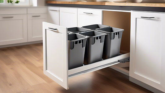 Create an image of a modern kitchen cabinet with a sleek and efficient slide-out trash can cabinet organizer. The cabinet should be well-organized with the trash can smoothly sliding out for easy access, showcasing the convenience and functionality o