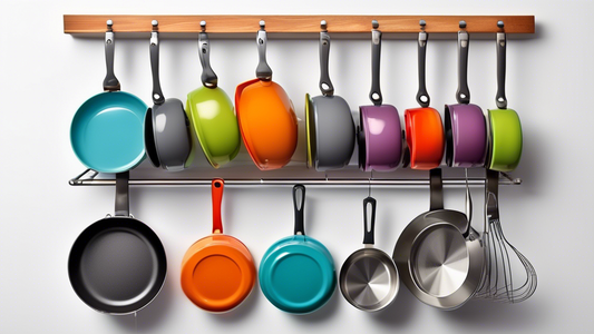Please generate an image of a kitchen with limited counter space, showcasing a space-saving cookware storage rack hanging on the wall. Include various pots, pans, and cooking utensils neatly organized on the rack to demonstrate its efficiency in maxi