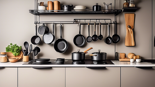 Create an image of a modern kitchen featuring innovative space-saving cookware storage racks, showcasing their efficiency and convenience in organizing pots, pans, and kitchen tools in a compact and visually appealing way. The racks should be stylish