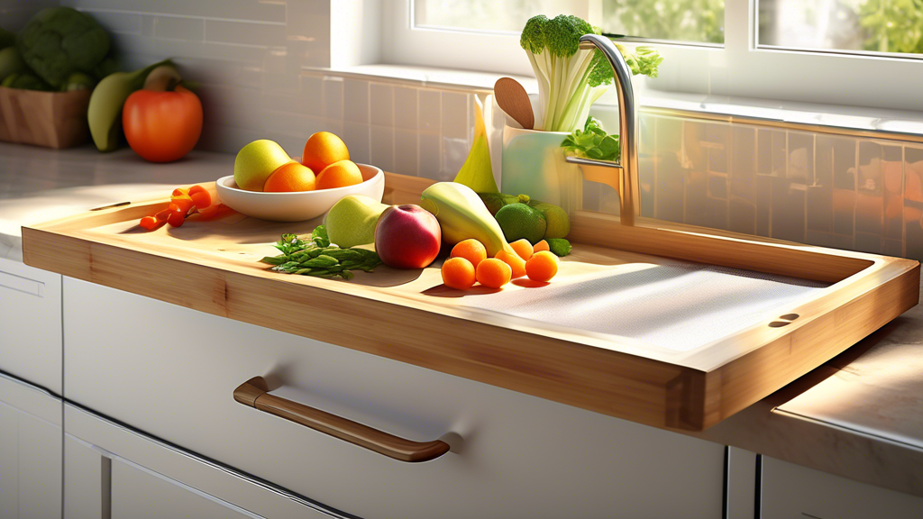 Create an image of a modern kitchen countertop featuring a sleek bamboo over-the-sink cutting board with a built-in collapsible colander. The cutting board is surrounded by fresh fruits and vegetables, showcasing its practicality and convenience for 