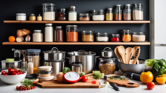 Image prompt: Generate an image of a well-organized kitchen counter filled with essential meal prep tools such as cutting boards, knives, measuring cups and spoons, mixing bowls, a food scale, and meal prep containers. Show the tools neatly arranged 