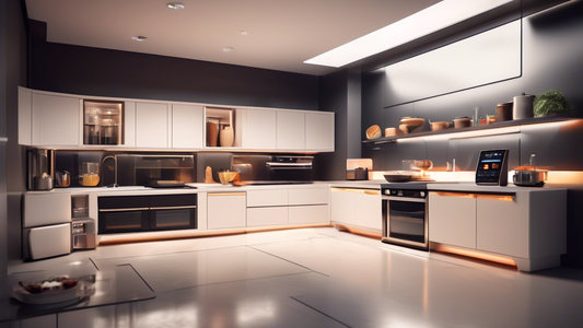 Create an image of a futuristic kitchen equipped with top multi-tasking appliances for busy cooks, showcasing a sleek and efficient design that combines functionalities such as a smart oven, air fryer, slow cooker, blender, and coffee maker all in on