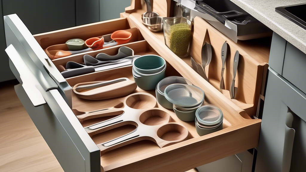 Create an image of a compact kitchen drawer or organizer filled with innovative space-saving kitchen utensils, showcasing the top 5 picks for small kitchens. Include items like collapsible measuring cups, adjustable measuring spoons, a versatile mult