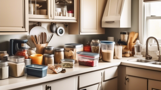 Create an image of a small, cluttered kitchen counter filled with various items such as groceries, utensils, and containers. Show the chaos of the messy counter with limited space. In the center of the counter, highlight a set of stackable food stora