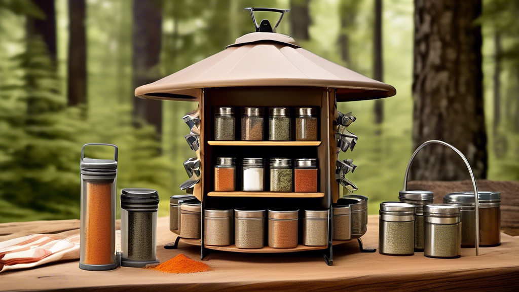 Create an image of a rugged and durable spice carousel designed for camping use, featuring a variety of compact spice containers securely stored and easily accessible in an outdoor camping setting. Display the carousel in a rustic camping kitchen set