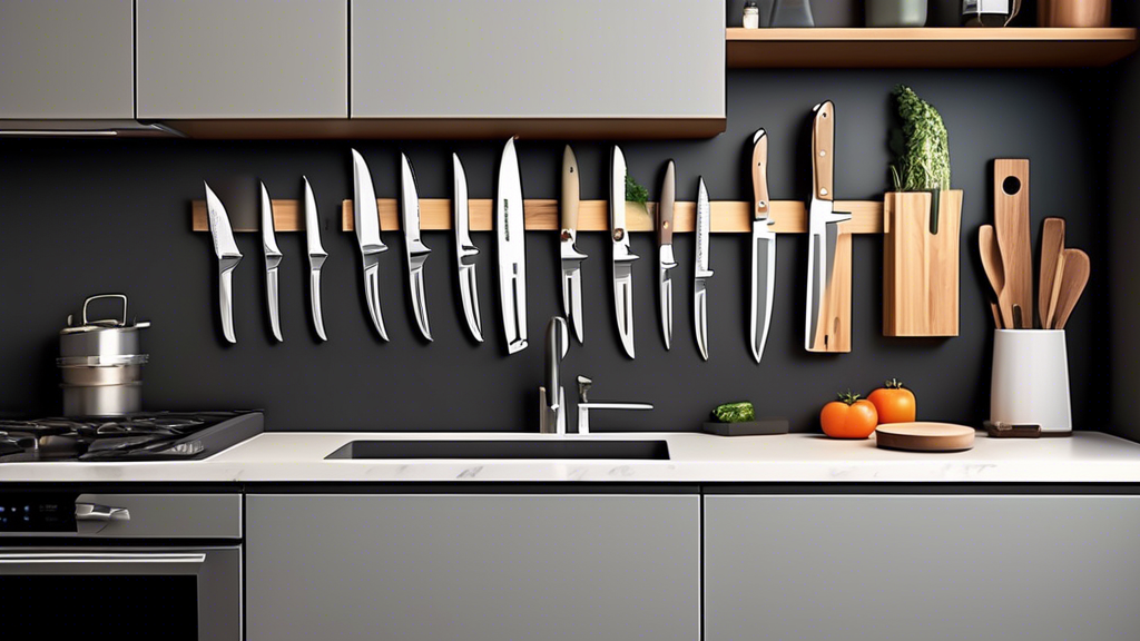 Create an image showing a modern, sleek kitchen with a compact magnetic knife holder mounted on the wall, showcasing how it saves space, keeps knives organized, and adds a stylish element to the kitchen decor. Showcase various types of knives securel