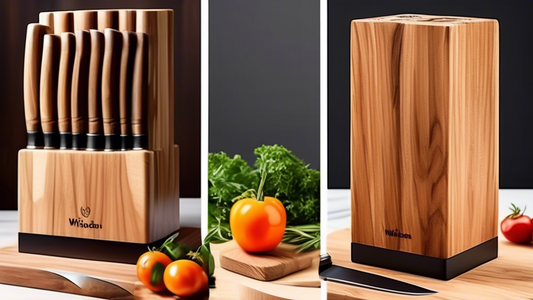 Create an image of a well-maintained wooden knife block, showcasing the following care tips: 
1. Keep the knife block clean by wiping it down regularly with a damp cloth.
2. Ensure the knife block is completely dry before storing knives to prevent mo