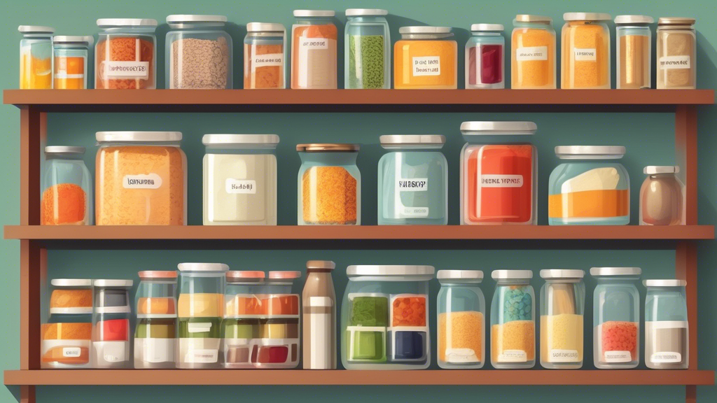 Create an image of a beautifully organized pantry shelf where each category of items is neatly arranged and labeled for easy access and a visually pleasing display. The shelves should showcase a variety of items such as canned goods, spices, grains, 