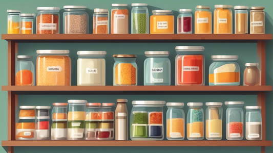 Create an image of a beautifully organized pantry shelf where each category of items is neatly arranged and labeled for easy access and a visually pleasing display. The shelves should showcase a variety of items such as canned goods, spices, grains, 