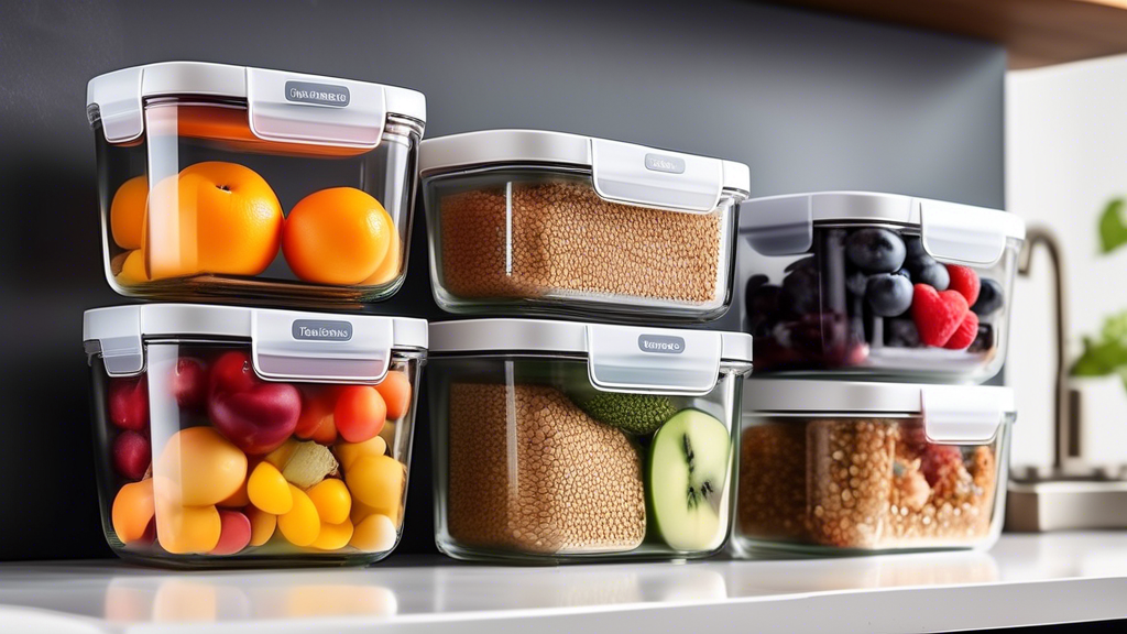 Create an image of five stackable glass food storage containers, each varying in size and shape, neatly arranged on a kitchen counter or shelf. Each container should be transparent, showcasing colorful fruits, veggies, and grains inside, giving a cle