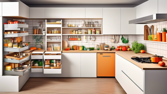 Create an image of a modern kitchen interior with innovative storage solutions for kitchen cabinets. Show examples such as pull-out pantry shelves, corner lazy Susans, under-cabinet drawers, hanging spice racks, and adjustable shelving for pots and p