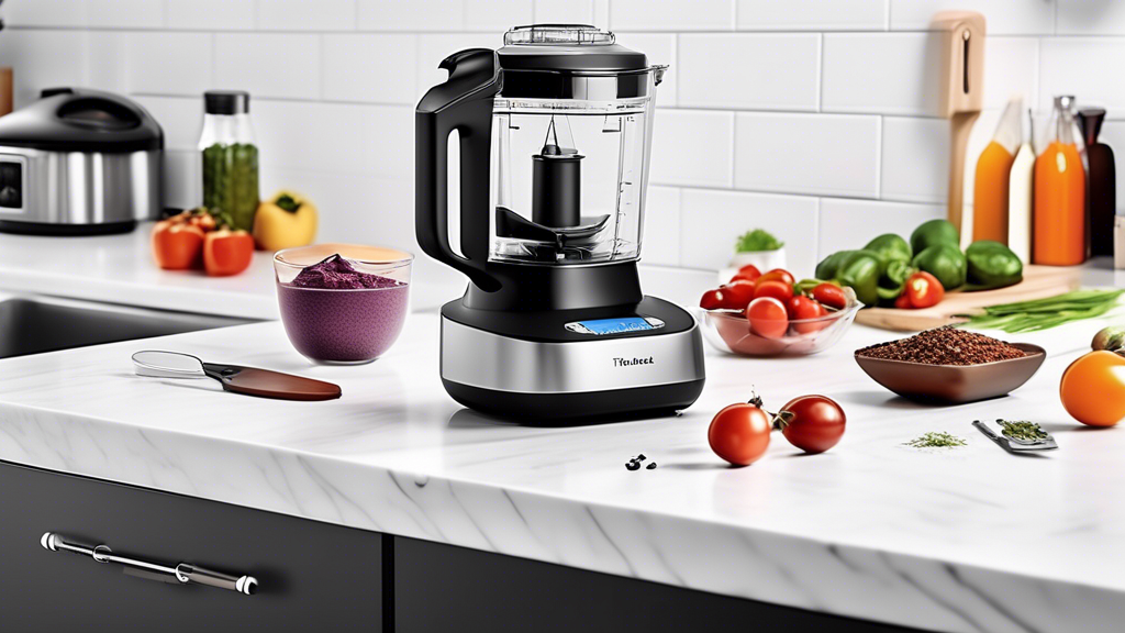 Create an image of a sleek, modern kitchen countertop with the top 5 time-saving kitchen gadgets for quick meal prep neatly arranged and labeled: 1) an electric food processor, 2) a high-speed blender, 3) a multi-functional Instant Pot, 4) a precisio