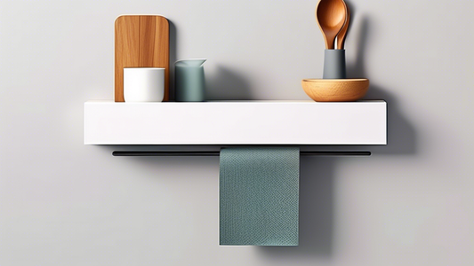 Create an image of a modern, space-saving kitchen wall with a high-quality and innovative wall-mounted paper towel holder incorporating a shelf. The design should be sleek and minimalistic, showcasing how it maximizes space in a stylish way. The imag