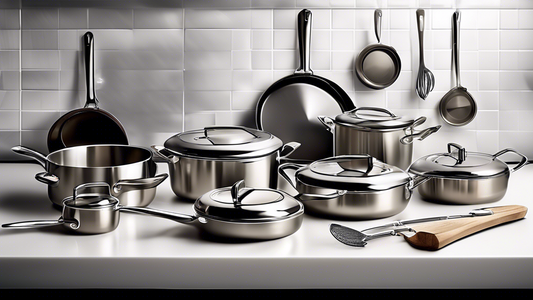 Create an image of a sleek and modern kitchen setting featuring a variety of top stainless steel cookware sets neatly displayed on a countertop. Include pots, pans, lids, and utensils to showcase the versatility and durability of these kitchen essent