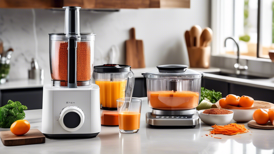 Create an image of a modern, organized kitchen countertop featuring the top 5 time-saving kitchen gadgets mentioned in the article title. Each gadget should be neatly displayed and easy to identify, such as a multifunctional food processor, a program