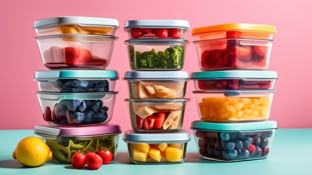 Create an image of various top stackable meal prep containers neatly organized with different colored lids, showcasing their versatility and convenient stackability for easy meal planning.