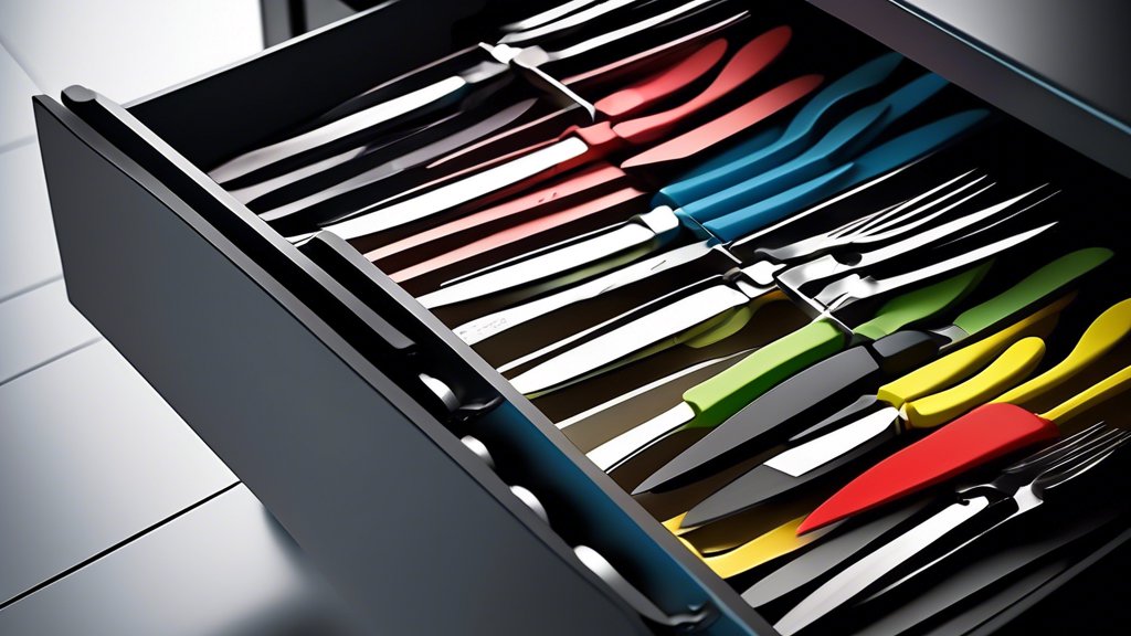 Create an image of a sleek and organized kitchen drawer dedicated to storing steak knives properly. Show a variety of steak knives neatly arranged in an insert or holder, with clear labels or designated slots for each knife. Highlight the importance 